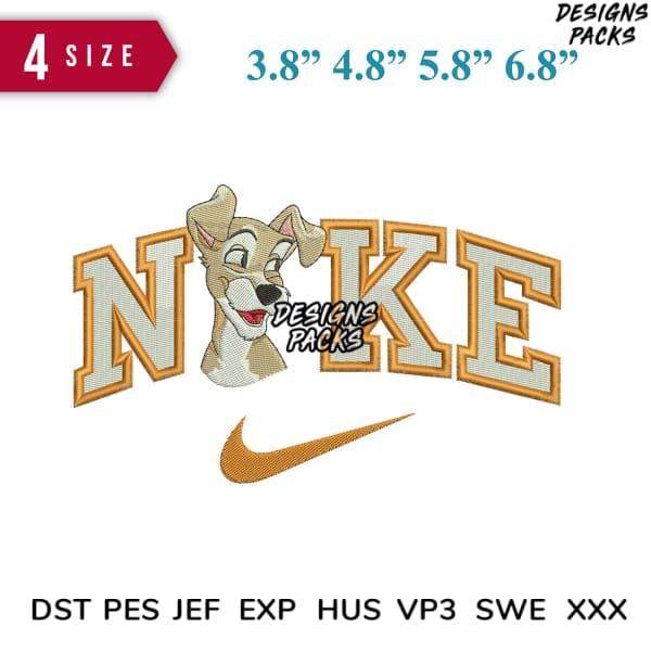 Embroidery design with dog face and 'NIKE' text in 4 sizes, compatible with DST PES JEF formats