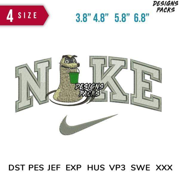 Embroidery design featuring a cartoon character with 'NIKE' text and swoosh, available in multiple sizes and formats.