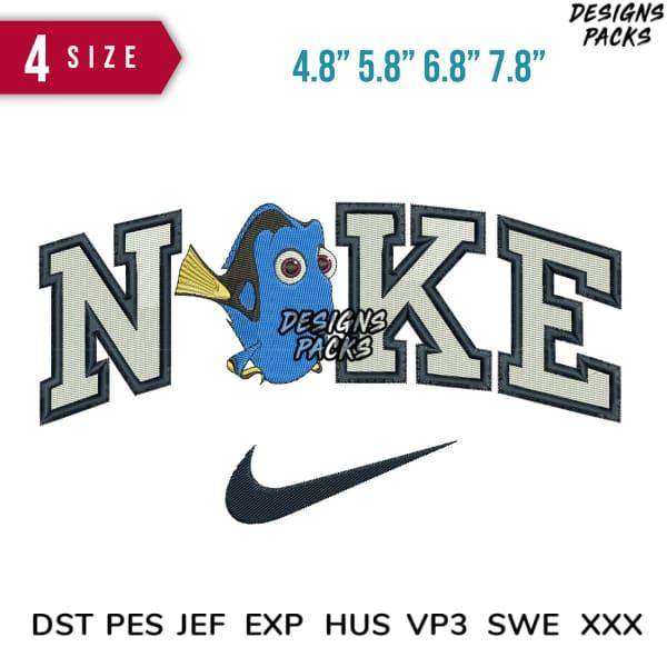 Dory fish embroidery design with 'NOKE' text and Nike swoosh, available in PES, DST, EXP formats for instant download