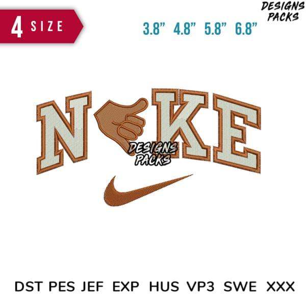 Embroidery design with 'NIKE' text, hand gesture, and swoosh in 4 sizes, compatible with DST PES JEF formats