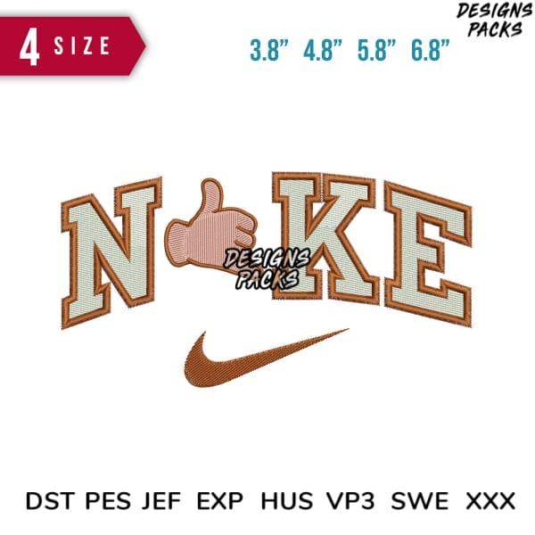 Embroidery design with 'NOKE' text, thumbs-up, and swoosh in 4 sizes, compatible with DST PES JEF formats