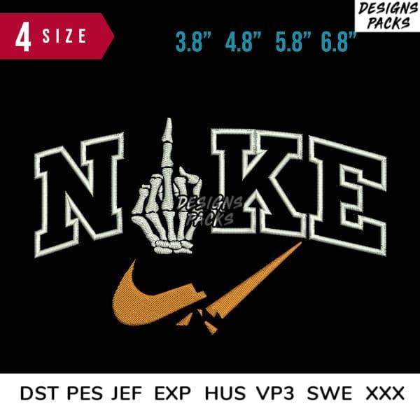 Embroidery design with skeleton hand flipping off, bold 'NAKE' text, Nike swoosh, 4 sizes, DST PES JEF formats
