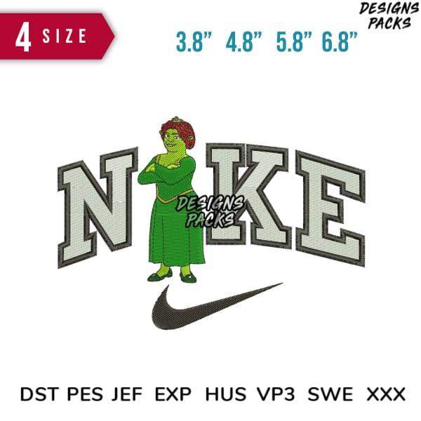 Shrek-inspired embroidery design with 'NIKE' text and swoosh, available in 4 sizes and multiple file formats