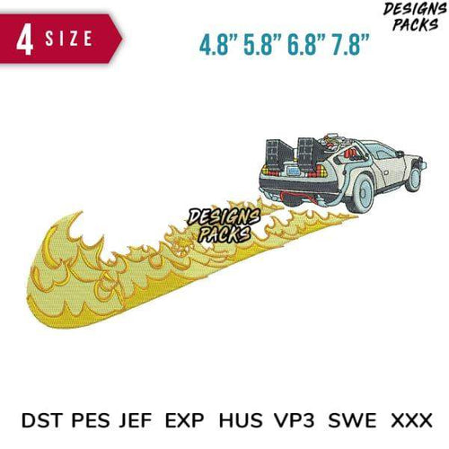 Back to the Future DeLorean embroidery design with fire trail, 4 sizes, PES DST formats