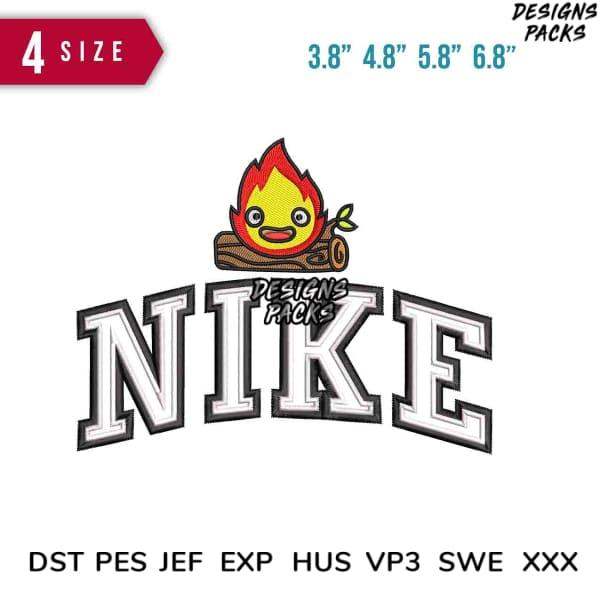 Cute flame mascot on log with Nike-style text, embroidery design in multiple sizes and formats
