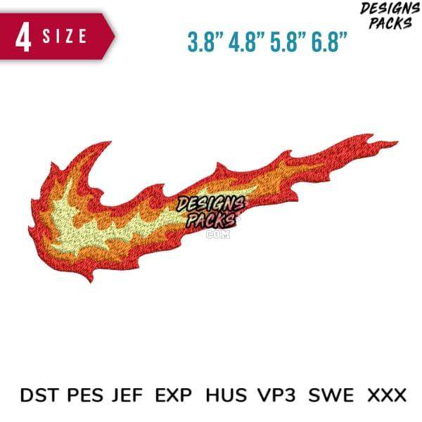 Flame embroidery design in multiple sizes, compatible with DST PES JEF formats for instant download.
