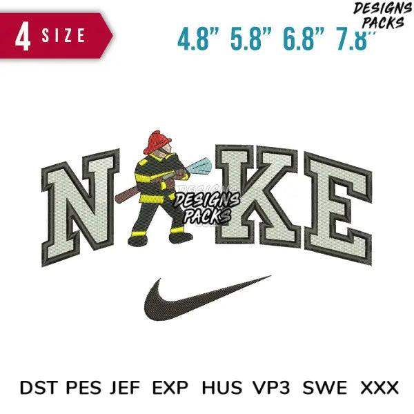 Firefighter embroidery design with 'NAKE' text and Nike swoosh, available in 4 sizes and multiple formats