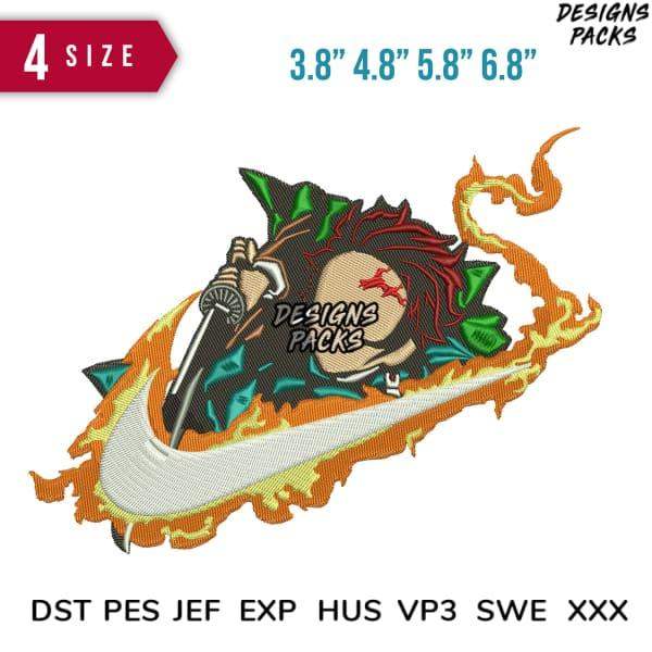 Embroidery design of anime character with sword and flames, available in multiple sizes and formats
