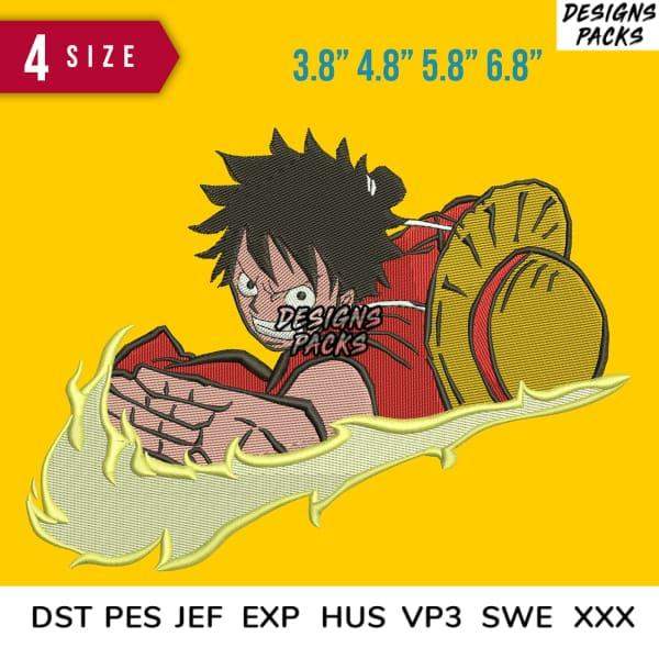 One Piece Luffy embroidery design in 4 sizes, DST PES JEF formats, print-ready for DTG/DTF