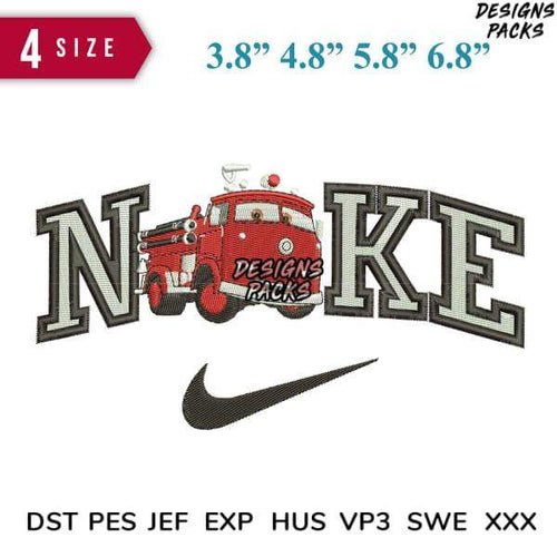 Embroidery design featuring fire truck in 'NOKE' text with Nike swoosh, 4 sizes, DST PES JEF formats