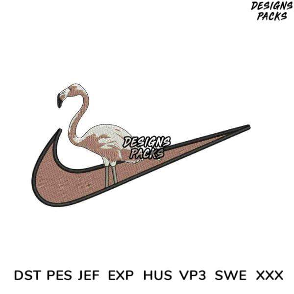 Flamingo inside Nike swoosh embroidery design, available in DST PES JEF formats for instant download