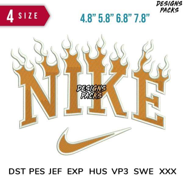 Flame-style Nike embroidery design in multiple sizes, available in DST, PES, and other formats.