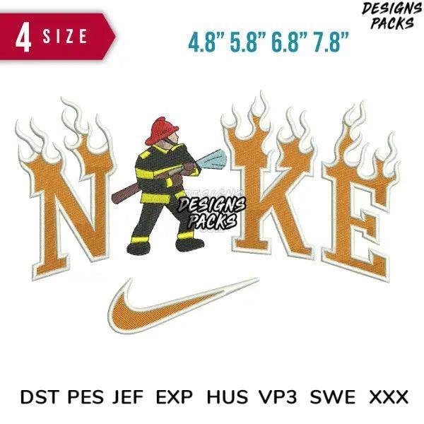 Firefighter embroidery design with flaming 'NAKE' text and Nike swoosh, available in PES, DST, EXP formats