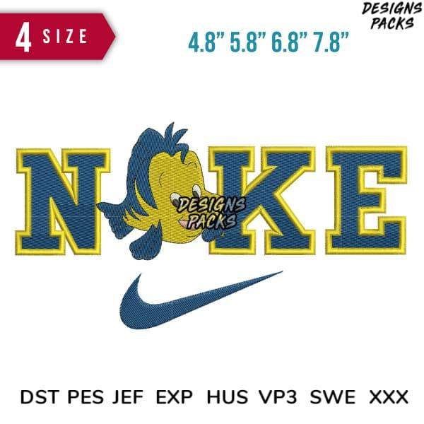 Embroidery design featuring cartoon fish with 'NOKE' text and swoosh, available in multiple sizes and formats