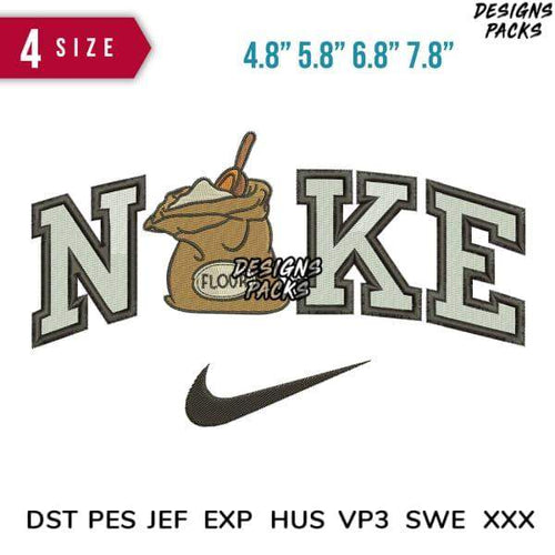 Embroidery design with 'NOKE' text, flour sack graphic, Nike swoosh, available in 4 sizes and multiple file formats