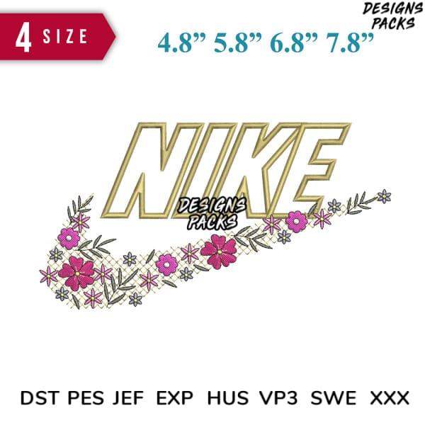Floral Nike swoosh embroidery design in 4 sizes, compatible with DST PES JEF formats for instant download