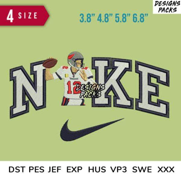 Embroidery design featuring football player in Nike jersey with 'NIKE' lettering, available in multiple sizes and formats.