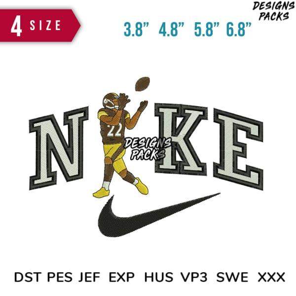 Embroidery design of football player with Nike logo, available in multiple sizes and formats