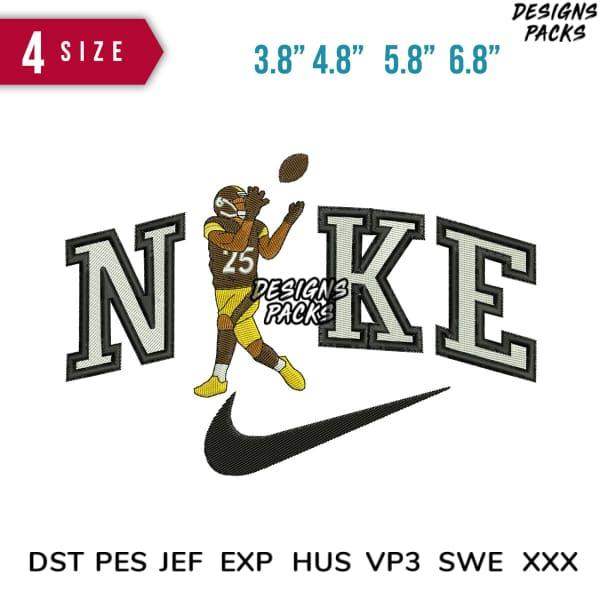 Embroidery design featuring football player with Nike logo, available in multiple sizes and formats