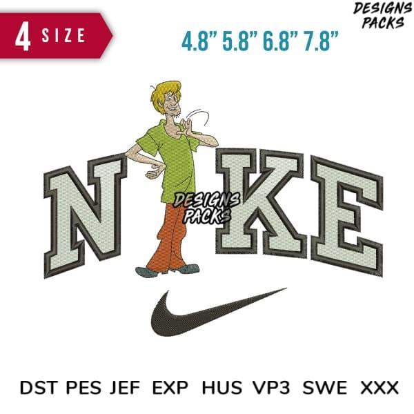 Embroidery design of cartoon character with 'NIKE' text and swoosh, available in 4 sizes and multiple formats