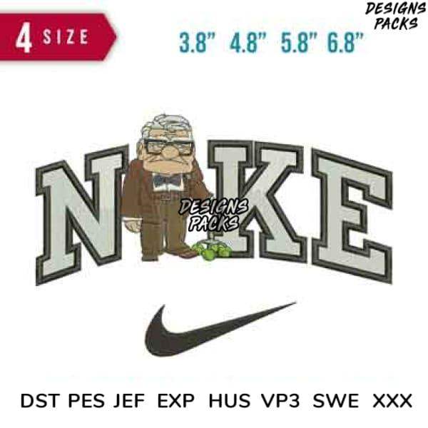 Embroidery design featuring cartoon character with Nike-style lettering, available in multiple sizes and formats