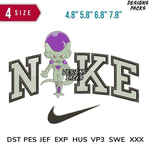 Frieza character embroidery design with Nike-style lettering, 4 sizes, DST PES formats for instant download
