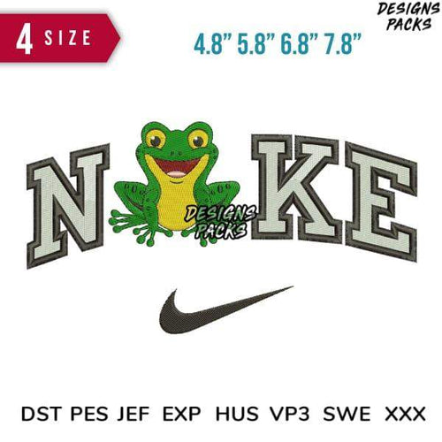 Frog embroidery design with 'NIKE' lettering, 4 sizes, PES DST formats for machine embroidery