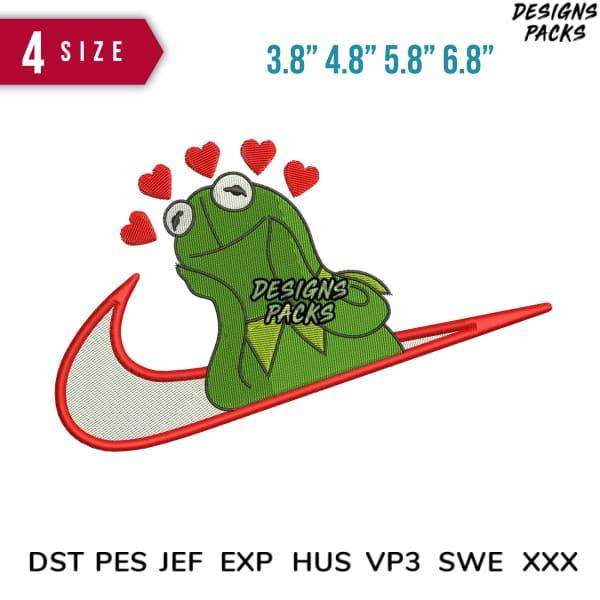 Frog with hearts on red swoosh, embroidery design in DST PES formats, 4 sizes available