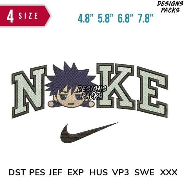 Embroidery design with anime character peeking through 'NOKE' text, Nike swoosh, 4 sizes, DST PES JEF formats