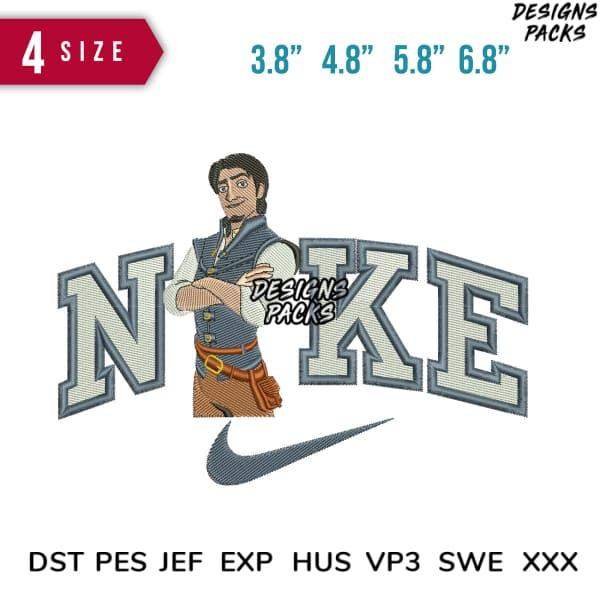 Embroidery design featuring cartoon character with Nike-style text and swoosh, available in multiple sizes and formats