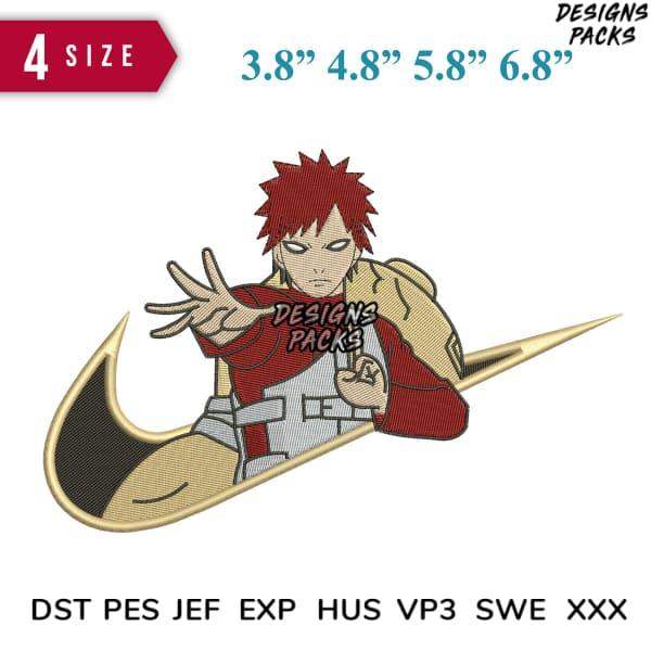 Gaara anime embroidery design in Nike swoosh, 4 sizes, DST PES JEF formats, print-ready for apparel