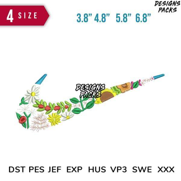 Floral embroidery design in Nike swoosh shape, 4 sizes, DST PES JEF formats, print-ready for apparel