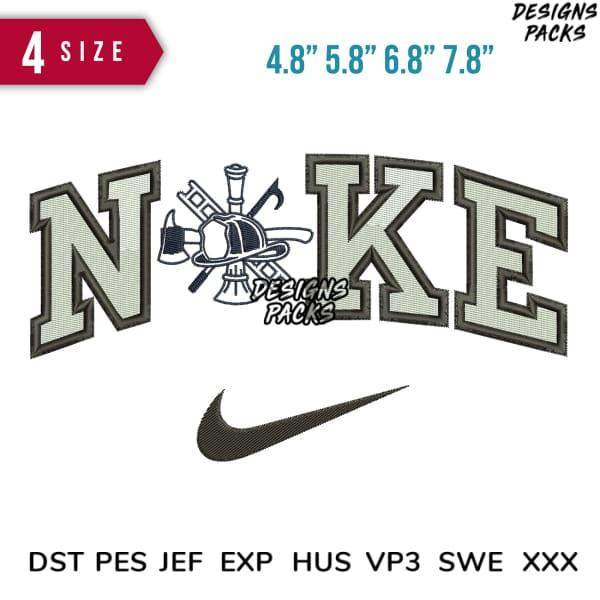 Embroidery design with 'NOKE' text, tools graphic, and Nike swoosh in multiple sizes and formats