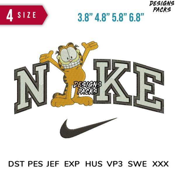 Garfield in Nike-style embroidery design, available in multiple sizes and formats for instant download.