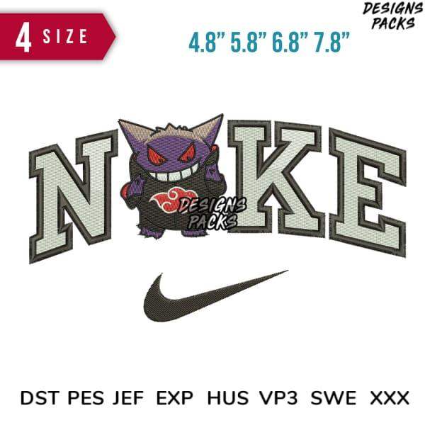 Embroidery design featuring Gengar with 'NOKE' text and Nike swoosh, available in multiple sizes and formats.