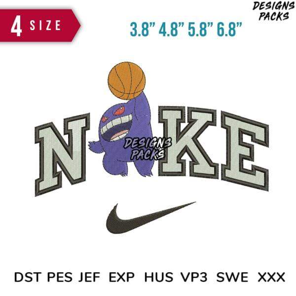 Embroidery design featuring purple monster holding basketball with 'NOKE' text and Nike swoosh, available in multiple sizes and formats.