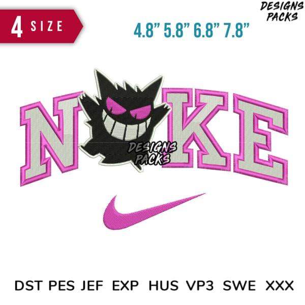 Embroidery design featuring Gengar with 'NAKE' text and Nike swoosh, available in multiple sizes and formats