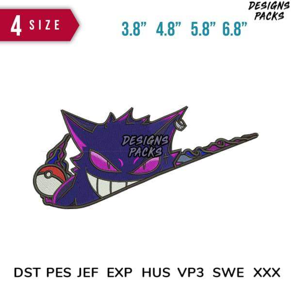 Gengar embroidery design in 4 sizes, print-ready PES DST formats for custom apparel and crafts