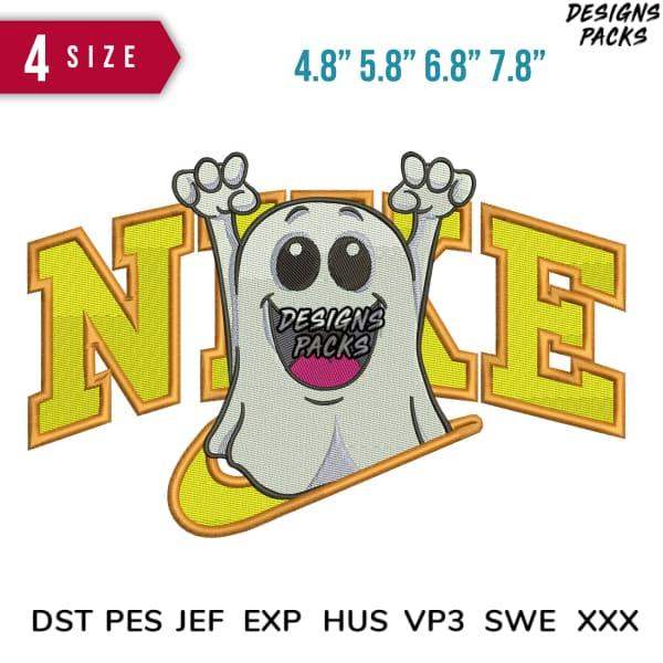 Ghost design with Nike-style swoosh, embroidery files in DST PES JEF formats for instant download
