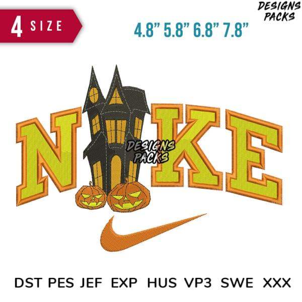 Halloween haunted house embroidery design with 'NOKE' text and Nike swoosh, 4 sizes, DST PES JEF formats