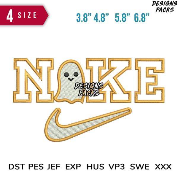 Embroidery design with ghost in 'NAKE' text and swoosh, 4 sizes, DST PES JEF formats