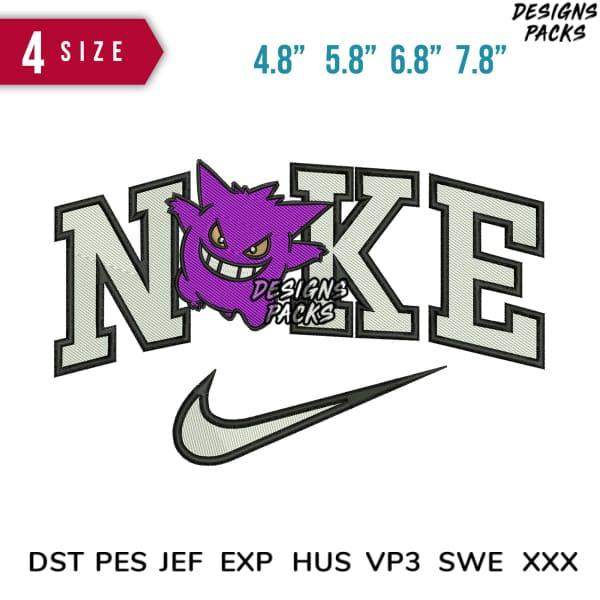 Gengar in Nike logo embroidery design, 4 sizes, PES DST formats for instant download