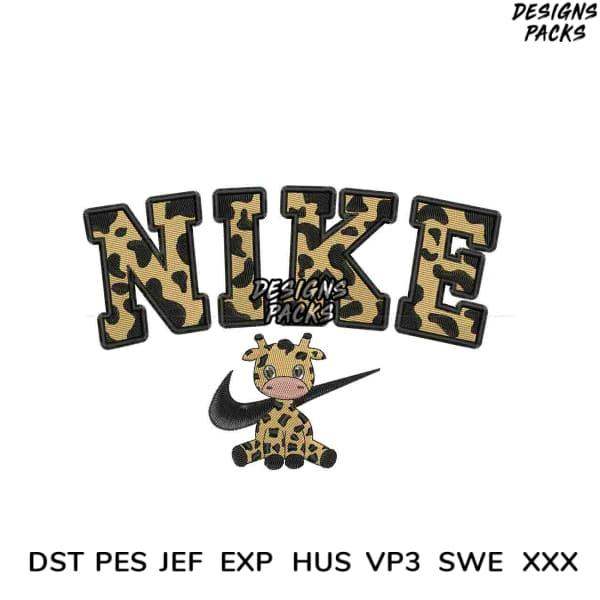 Leopard print Nike logo with giraffe mascot, embroidery design for DST PES JEF formats