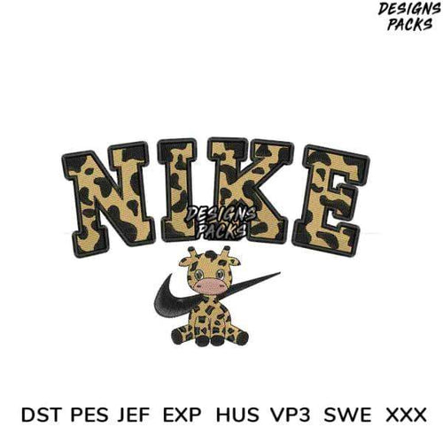 Leopard print Nike logo with giraffe mascot, embroidery design for DST PES JEF formats