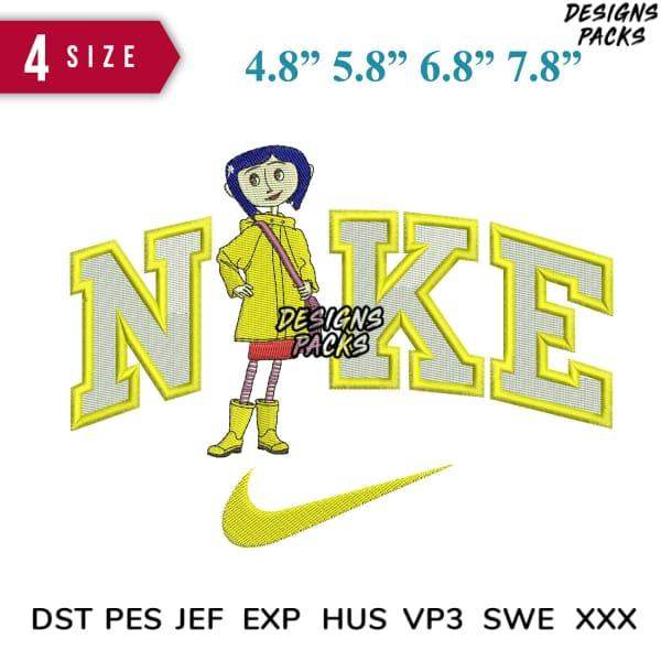Embroidery design featuring cartoon girl in yellow raincoat with Nike-style lettering, available in 4 sizes and multiple file formats