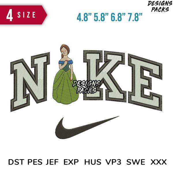 Embroidery design featuring princess in green dress with 'NIKE' text and swoosh logo, available in multiple sizes and formats