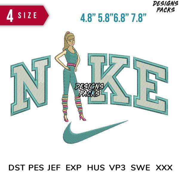 Nike-inspired embroidery design with woman figure, 4 sizes, DST PES JEF formats for instant download