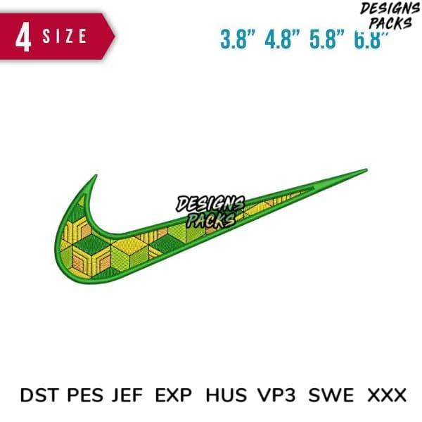 Green geometric Nike swoosh embroidery design in 4 sizes, PES DST JEF formats for instant download