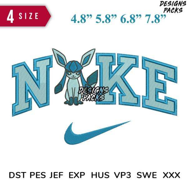 Embroidery design featuring Eevee with 'NIKE' text and swoosh, available in multiple sizes and formats