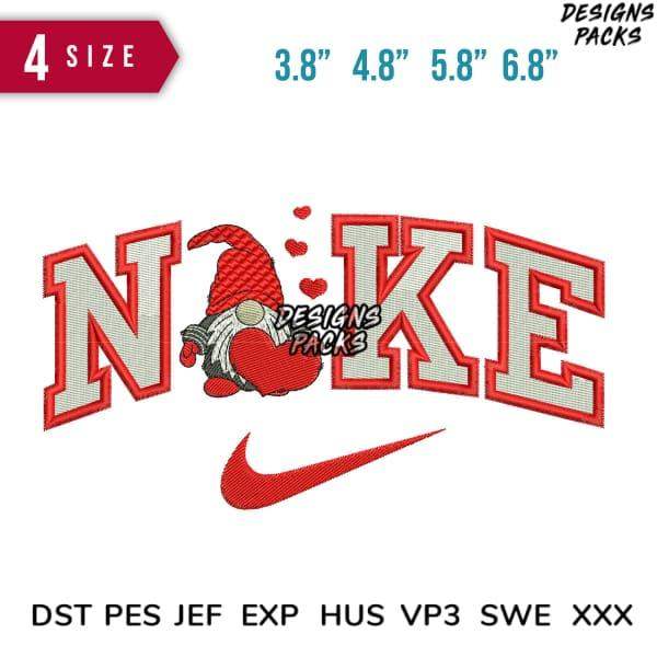 Embroidery design with gnome, hearts, and Nike swoosh in red and white, available in multiple sizes and formats